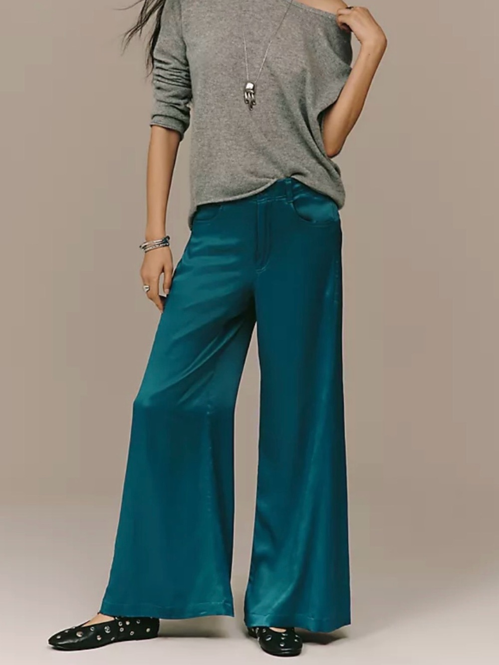 Anthropologie Elevenses Teal Wide-Leg Satin Pants